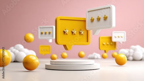 A vibrant digital representation of feedback elements featuring stars and chat bubbles in a playful, colorful environment.