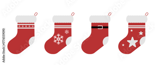 Isolated Christmas stocking set featuring four festive red sock designs with snowflake, belt, and star patterns in minimal flat style, ideal for holiday gift tags, packaging, greeting cards.