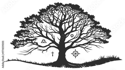 Tree of Life with Religious Symbols Silhouette Vector Design, Silhouette of a lush tree with various religious and spiritual symbols integrated into its branches