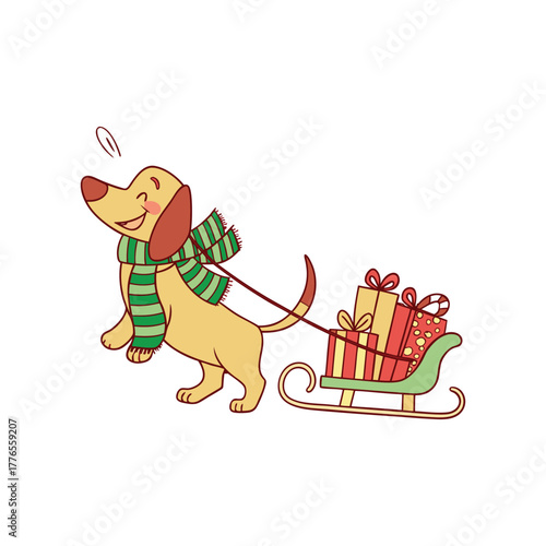 Cute dog pulling a sleigh full of christmas presents wearing a scarf