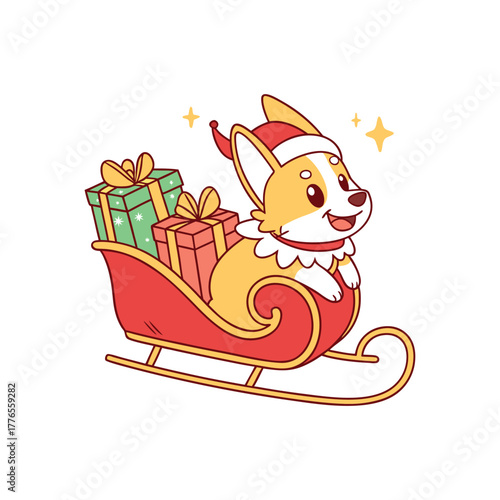 Cute corgi dog wearing santa hat riding in sleigh with gifts