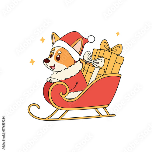 Cute corgi dog wearing santa hat and coat riding a sleigh with gifts