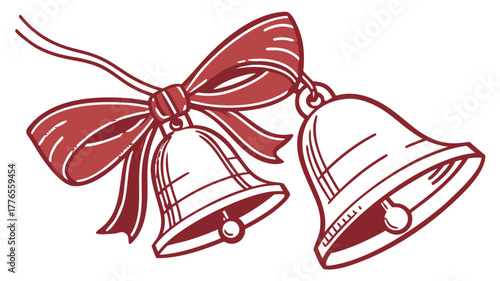 Christmas bells with red ribbon, Vector Illustration of two classic Christmas bells tied together with a vibrant red ribbon.