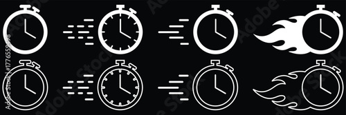 Set of fast clock icons in different motion styles like flame, glitch, and streaks. Useful for urgency, time management, express delivery, and deadline concepts Time fast icon editable Design template