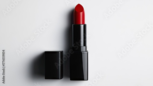 Matte red lipstick in sleek black case isolated on white background, perfect for beauty product advertisement