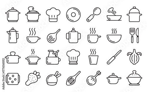  Collection of hand drawn kitchen utensils and food items in a simple outline style