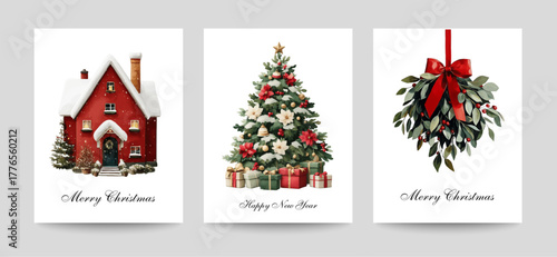 Merry Christmas and Happy New Year greeting cards templates. Watercolor vector winter elements -illustrations for banners, backgrounds or greeting cards. Christmas tree, winter house, mistletoe