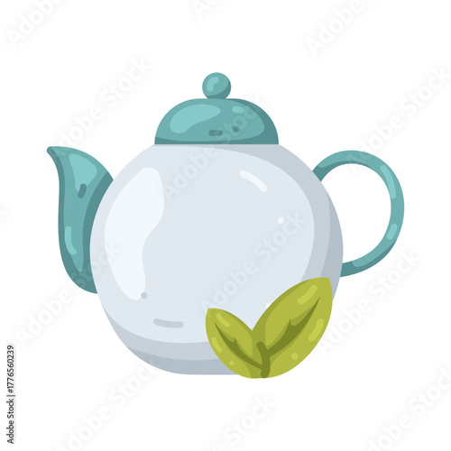 Illustration of Teapot with Green Tea Leaves