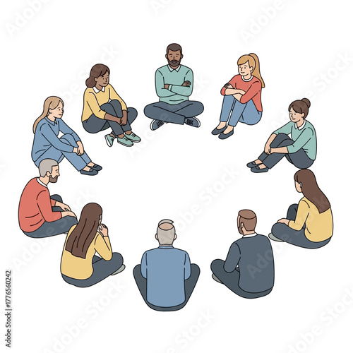Group therapy session with diverse people sitting in a circle.