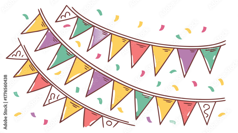 Fototapeta premium Colorful Party Bunting Flags and Confetti Vector, Illustration featuring colorful triangular bunting flags and scattered confetti, ideal for party and celebration themes