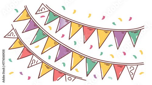 Colorful Party Bunting Flags and Confetti Vector,  Illustration featuring colorful triangular bunting flags and scattered confetti, ideal for party and celebration themes