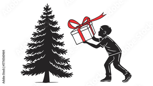 Child Giving Christmas Gift Silhouette, illustration of a child offering a gift next to a Christmas tree, symbolizing holiday giving