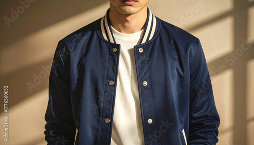 A man wearing a blue and white varsity jacket and a white t-shirt poses indoors under warm light.