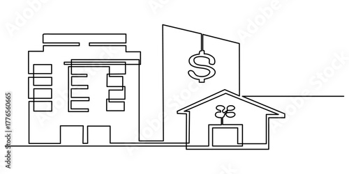 Single continuous line drawing Smart building architecture. Building architecture property isolated minimalism concept. Dynamic one line graphic design vector illustration on white background