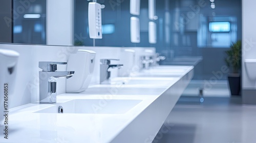 Modern public toilet sinks in a row with soap dispensers and hand dryers, bright and spotless environment