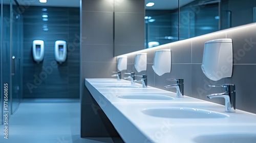 Modern public toilet sinks in a row with soap dispensers and hand dryers, bright and spotless environment