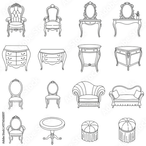 vintage furniture set antique chairs dressers and vanities with intricate details ideal for interior design projects and historical illustrations
