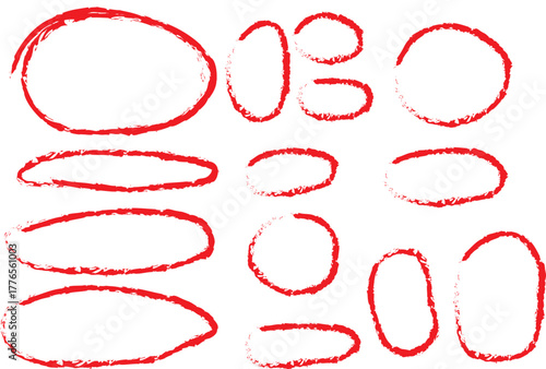 White chalk or crayon shapes oval highlight set on blackboard. Sketchy hand drawn pencil or marker rough grunge ellipse circles design elements.