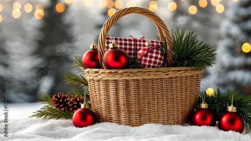 A woven basket holds shiny red ornaments and green foliage, set against a soft snowy background with twinkling lights