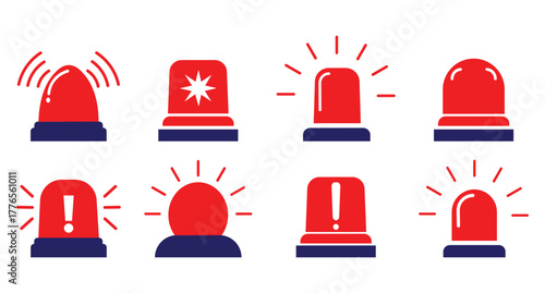 Set of red emergency siren icon. Alert light bulb icons collection. Emergency alert, urgent notification, danger situation symbol. Siren flasher icon set. Vector Illustration. 
