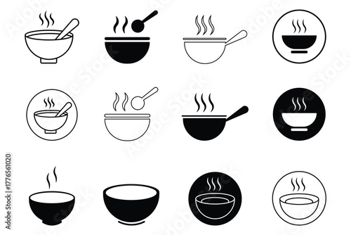 Collation of soup bowl icon. Silhouette of noodle soup. Hot curry bowl vector icon set in black outline and fill. Soup icon representing comforting meal in bowl. Vector Illustration. 