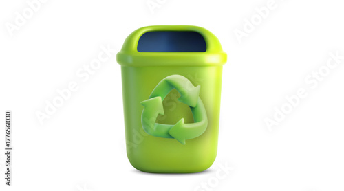 3D vector of a green recycling bin trashcan with recycle symbol isolated on white for eco waste management