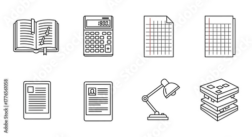 Education and learning material illustration open book calculator documents lamp and stack of papers depicting study and academic resources