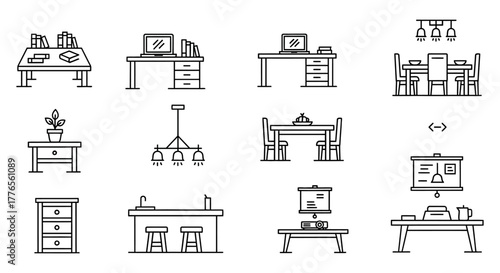 furniture icons showcasing tables desks and seating arrangements ideal for interior design mockups furniture stores and architectural plans