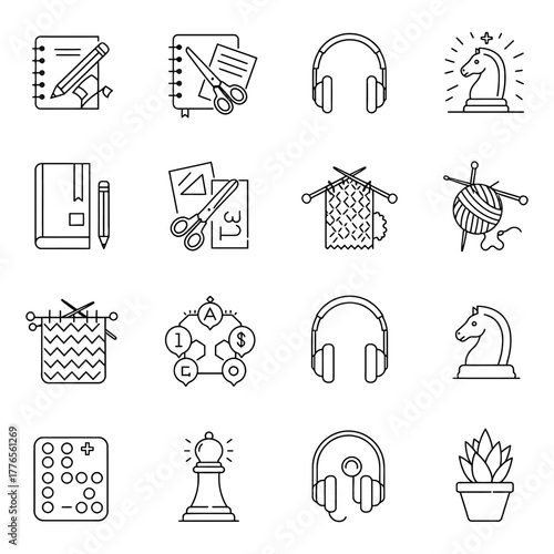 hobbies and crafts icon set creative pursuits from knitting and chess to drawing illustrating leisure activities promoting creativity and relaxation.