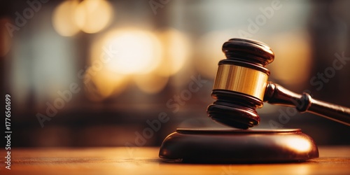 Gavel on a wooden surface with blurred background, justice concept.