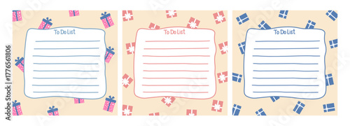 Set of three To Do List. Coral background with  red and blue gift box and  white ribbon. Christmas, New Year, Birthday. Text space, note, notebook. Flat vector design. Memo.