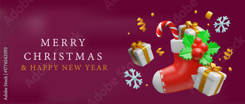 Festive 3D Christmas and New Year banner with a stocking full of gifts and candy. Holiday greeting card illustration on a magenta background with copy space for text