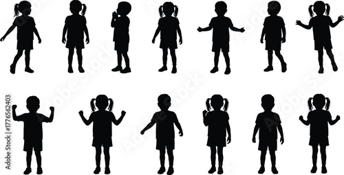 Children silhouette, standing poses, playful kids, black vector, body language, hairstyle variation, teamwork, posture study, educational, cartoon style, uniform outfit