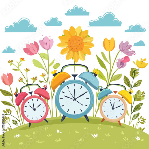 Spring Clock Illustration with Flowers and Nature Elements | Cute Seasonal Vector Art