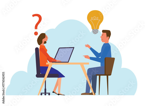 Businesswoman with question mark and budinessman reply with lightbulb, Question and answer, solving problem or business solution, FAQ concept