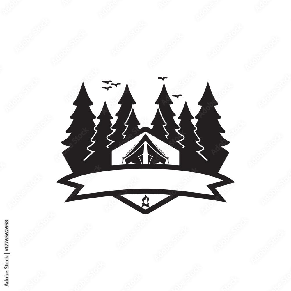 Obraz premium Camping logo with illustration of tent and pine trees