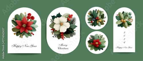 Set of Christmas flyer or party invitation templates decorated with coniferous tree branches and cones, holly leaves and berries, poinsettia. Vector illustration for celebratory event announcement.