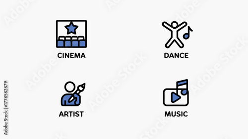 Icons representing different forms of entertainment isolated on white background