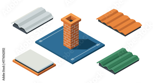 Isometric roof tiles and brick chimney on blueprint background