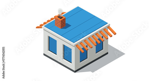 Isometric blue roof house with chimney and shadow