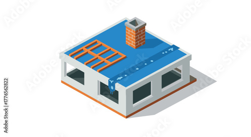 Isometric house construction with blue roof and chimney