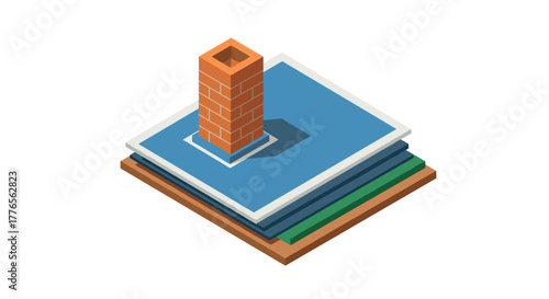 Isometric brick chimney on layered platforms in a minimalist 3d design
