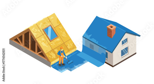 Isometric home construction roof installation with worker and insulation