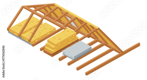 Isometric wooden roof structure with insulation and concrete blocks