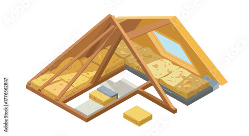 Isometric attic insulation with wooden beams and mineral wool