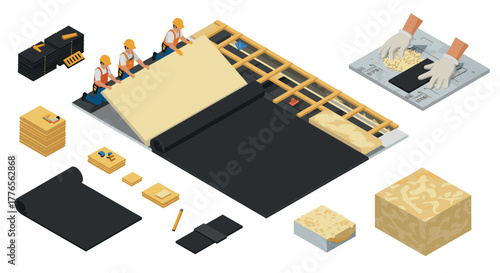 Construction workers installing roofing materials in isometric style with tools and insulation