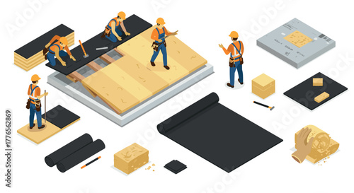 Construction workers applying plywood and bitumen membrane in isometric style