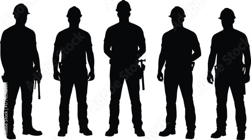 Construction workers silhouette, industrial labor force, teamwork, hard hats, tools, safety gear, skilled trades, black and white, occupational strength, unity