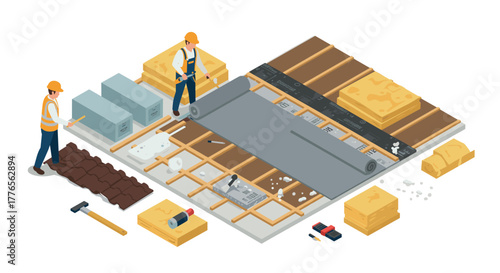 Isometric construction workers installing flooring with tools and materials