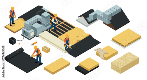 Isometric construction workers installing roof insulation and ventilation systems